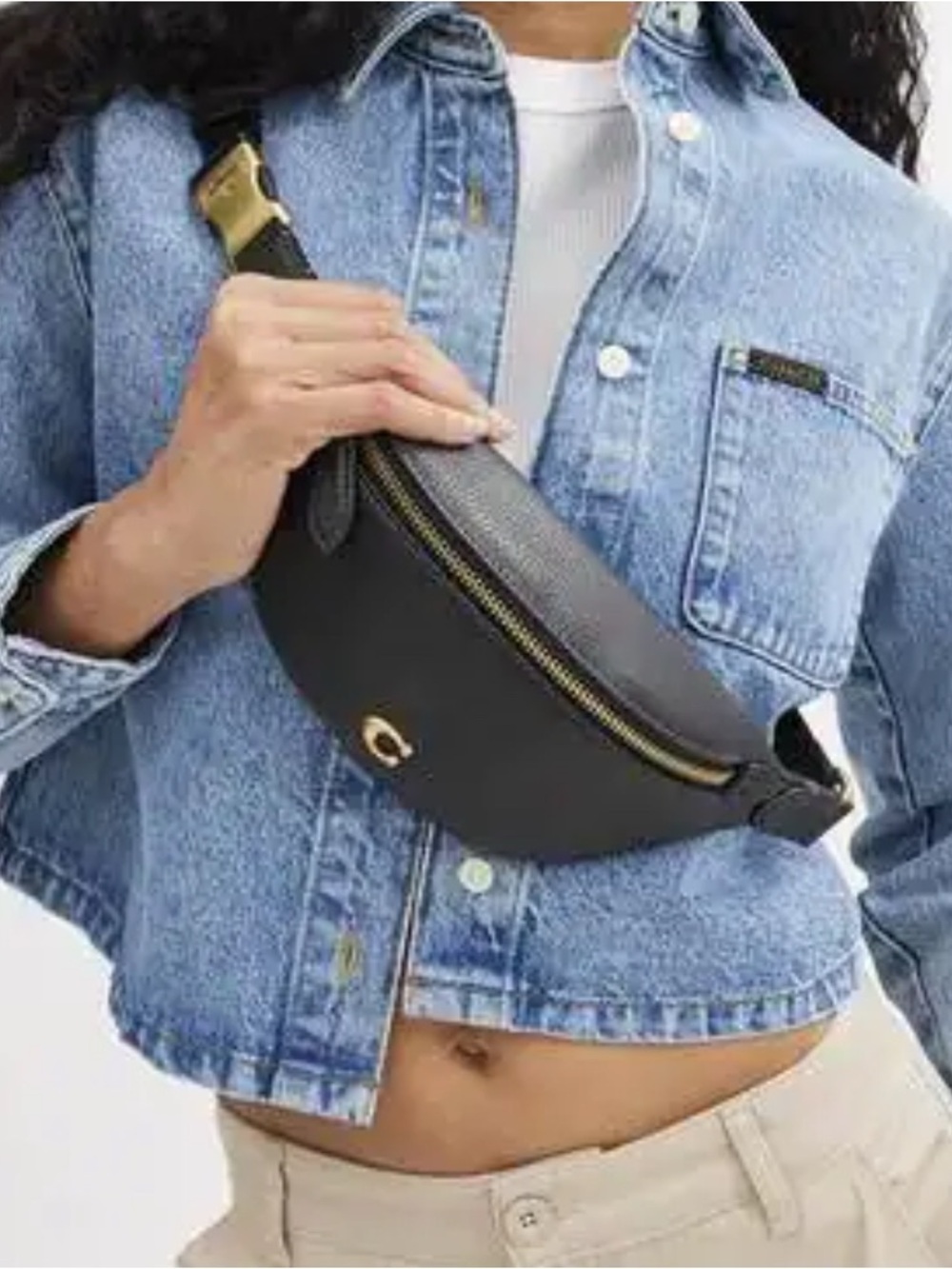 Coach Black Leather Crossbody Belt Bag with Gold Hardware